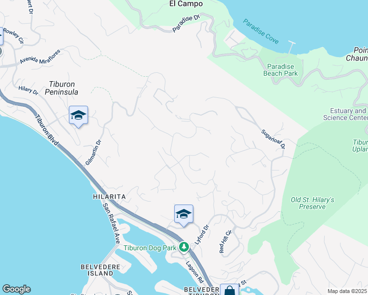 map of restaurants, bars, coffee shops, grocery stores, and more near 1 Tara Hill Road in Tiburon