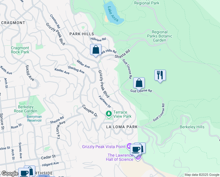 map of restaurants, bars, coffee shops, grocery stores, and more near 154 Hill Road in Berkeley