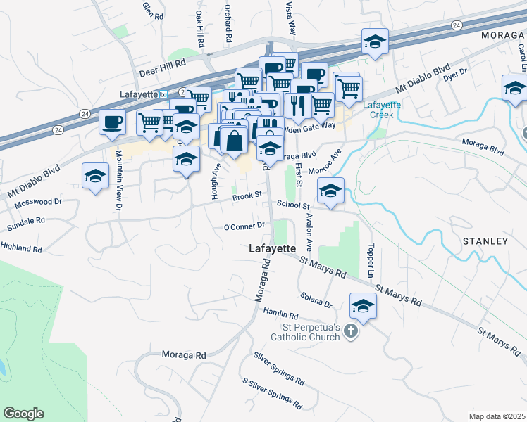 map of restaurants, bars, coffee shops, grocery stores, and more near in Lafayette