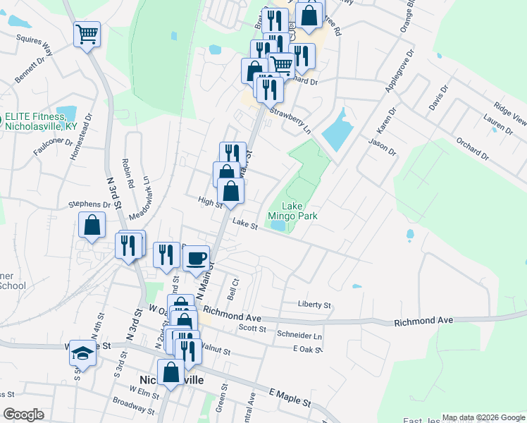 map of restaurants, bars, coffee shops, grocery stores, and more near 109 Lake Street in Nicholasville