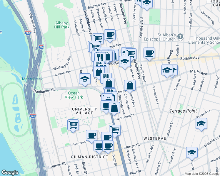 map of restaurants, bars, coffee shops, grocery stores, and more near 986 Kains Avenue in Albany