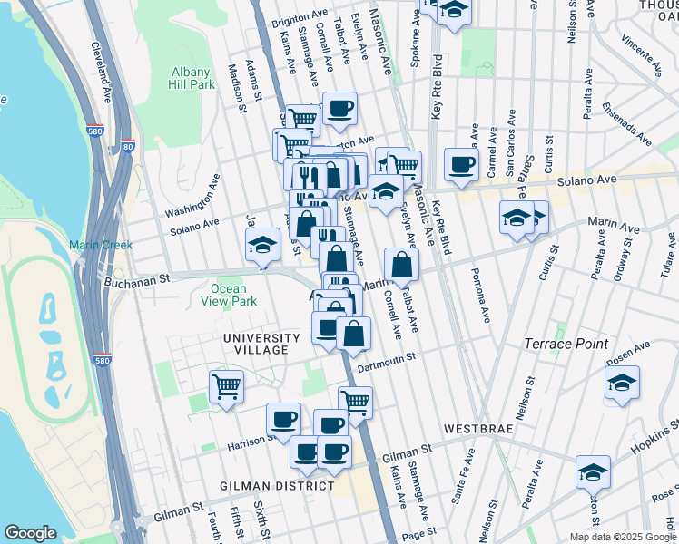 map of restaurants, bars, coffee shops, grocery stores, and more near in Albany