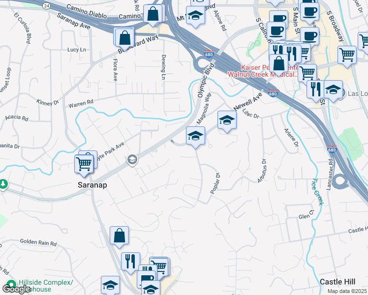 map of restaurants, bars, coffee shops, grocery stores, and more near 1919 Newell Avenue in Walnut Creek