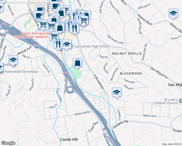 map of restaurants, bars, coffee shops, grocery stores, and more near in Walnut Creek