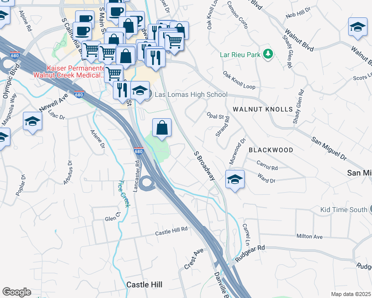 map of restaurants, bars, coffee shops, grocery stores, and more near in Walnut Creek