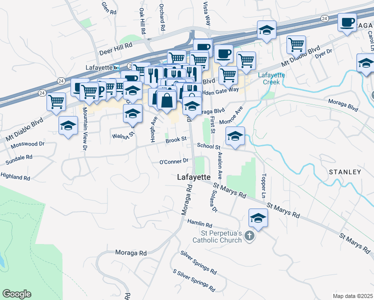 map of restaurants, bars, coffee shops, grocery stores, and more near in Lafayette
