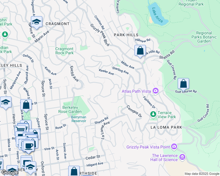 map of restaurants, bars, coffee shops, grocery stores, and more near 2785 Shasta Road in Berkeley