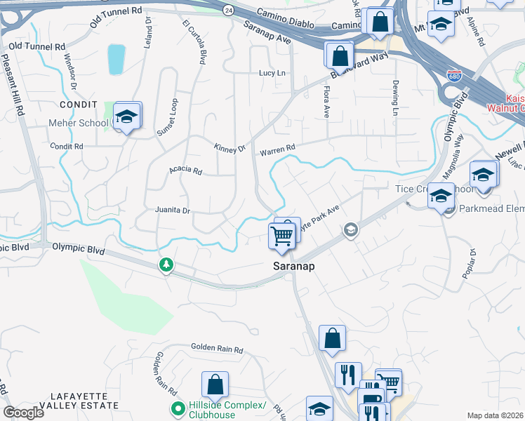 map of restaurants, bars, coffee shops, grocery stores, and more near 1491 Boulevard Way in Walnut Creek