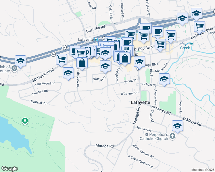 map of restaurants, bars, coffee shops, grocery stores, and more near Brook Street & Dewing Avenue in Lafayette