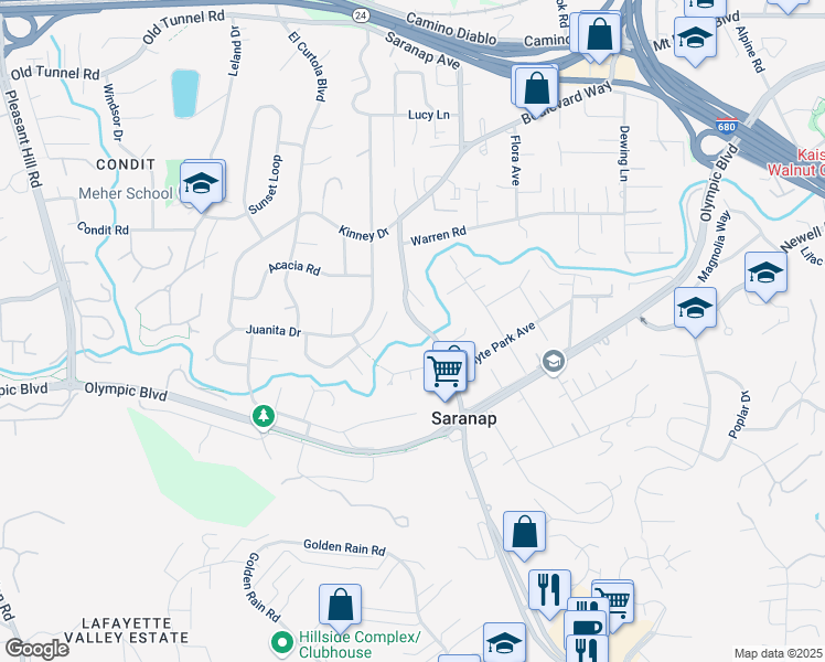 map of restaurants, bars, coffee shops, grocery stores, and more near 1491 Boulevard Way in Walnut Creek