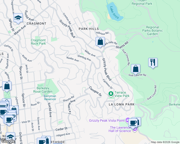 map of restaurants, bars, coffee shops, grocery stores, and more near 675 Campus Drive in Berkeley
