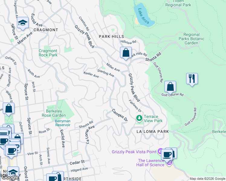 map of restaurants, bars, coffee shops, grocery stores, and more near 675 Campus Drive in Berkeley