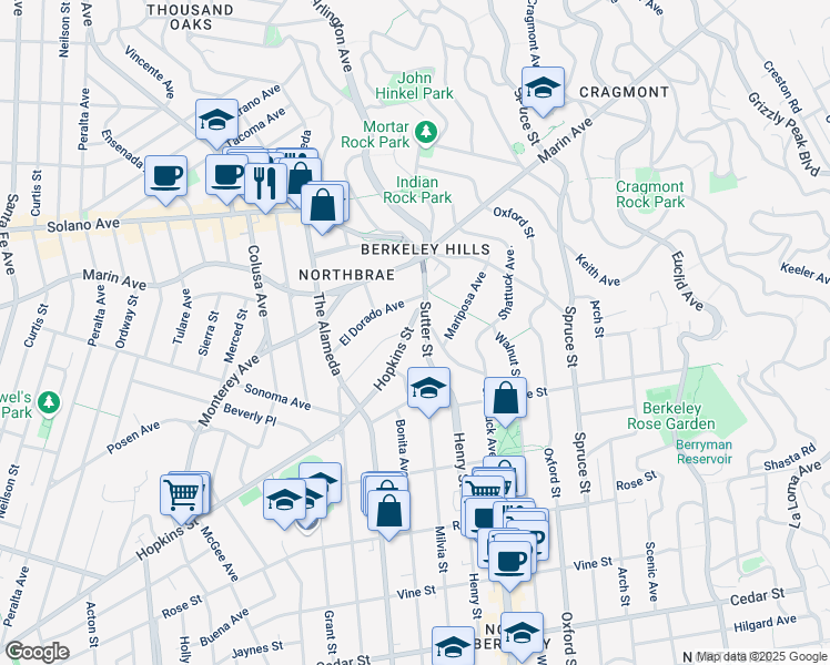 map of restaurants, bars, coffee shops, grocery stores, and more near 1140 Sutter Street in Berkeley