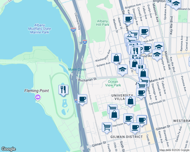 map of restaurants, bars, coffee shops, grocery stores, and more near 932 Pierce Street in Albany