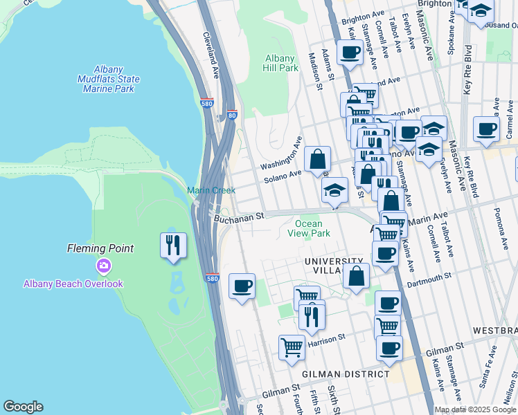 map of restaurants, bars, coffee shops, grocery stores, and more near 932 Pierce Street in Albany