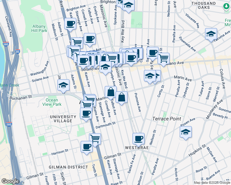 map of restaurants, bars, coffee shops, grocery stores, and more near 1235 Marin Avenue in Albany
