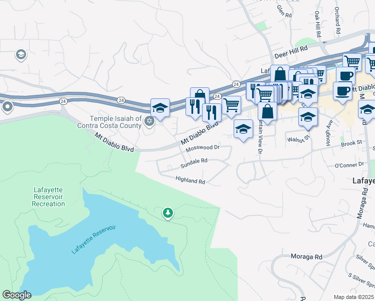 map of restaurants, bars, coffee shops, grocery stores, and more near Mosswood Drive in Lafayette
