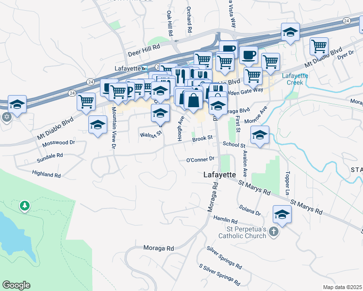 map of restaurants, bars, coffee shops, grocery stores, and more near 3555 Wildwood Lane in Lafayette