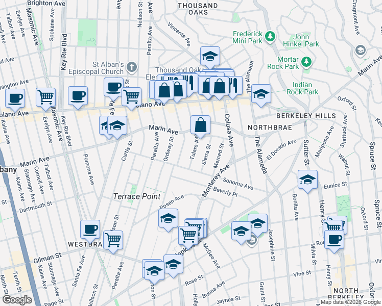 map of restaurants, bars, coffee shops, grocery stores, and more near 961 Tulare Avenue in Berkeley