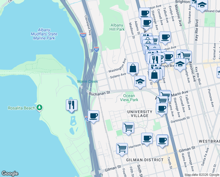 map of restaurants, bars, coffee shops, grocery stores, and more near 909 Pierce Street in Albany