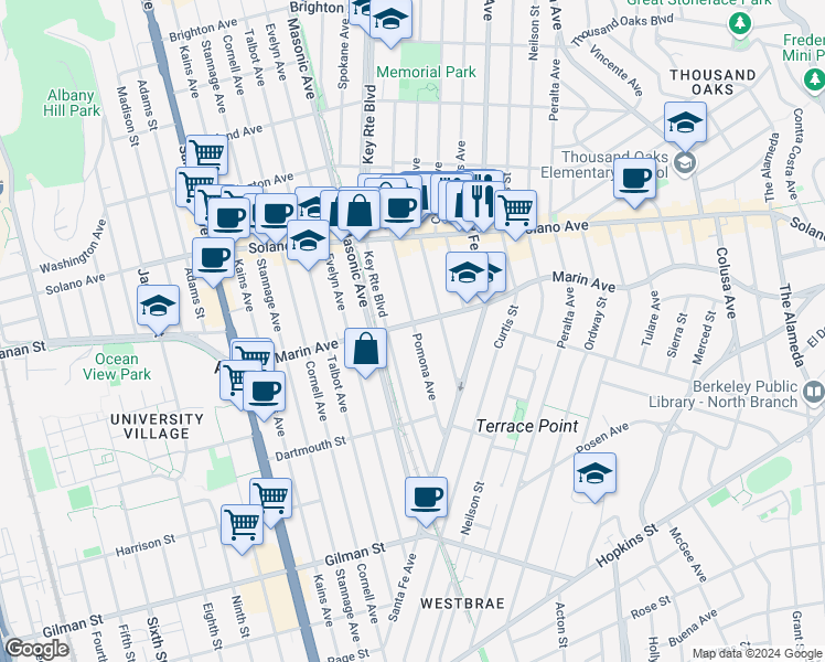 map of restaurants, bars, coffee shops, grocery stores, and more near 1314 Marin Avenue in Albany