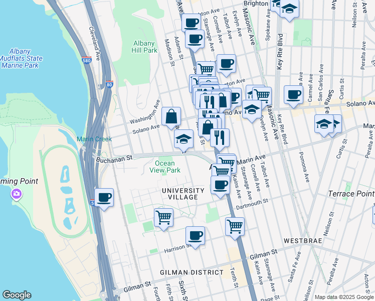 map of restaurants, bars, coffee shops, grocery stores, and more near 921 Buchanan Street in Albany
