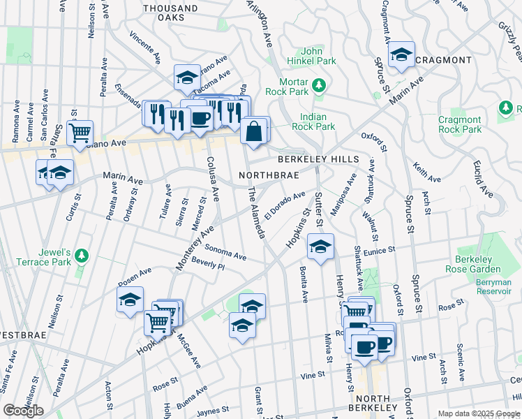map of restaurants, bars, coffee shops, grocery stores, and more near 1105 The Alameda in Berkeley