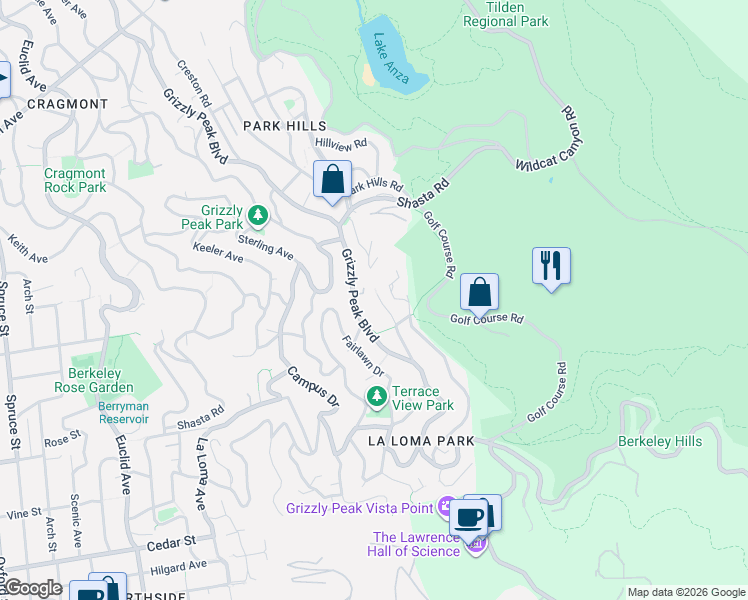 map of restaurants, bars, coffee shops, grocery stores, and more near 1251 Grizzly Peak Boulevard in Berkeley