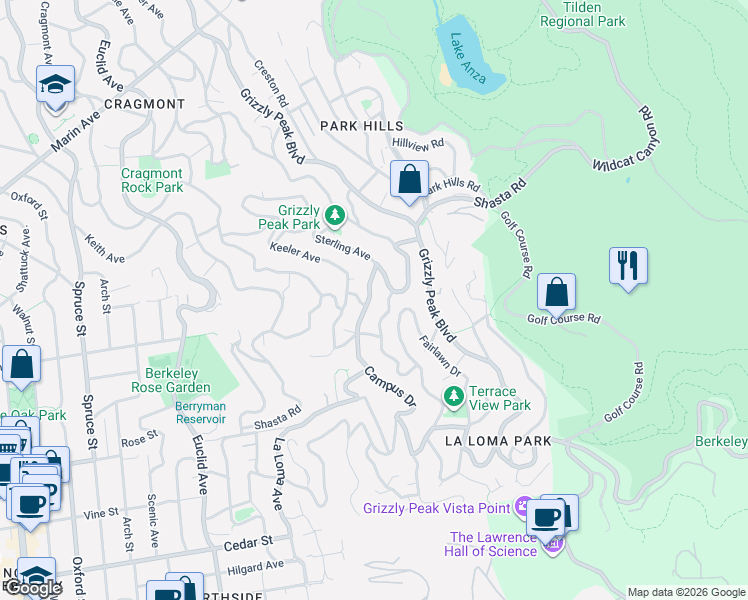 map of restaurants, bars, coffee shops, grocery stores, and more near 2881 Shasta Road in Berkeley