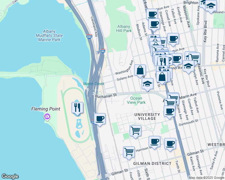map of restaurants, bars, coffee shops, grocery stores, and more near 909 Pierce Street in Albany