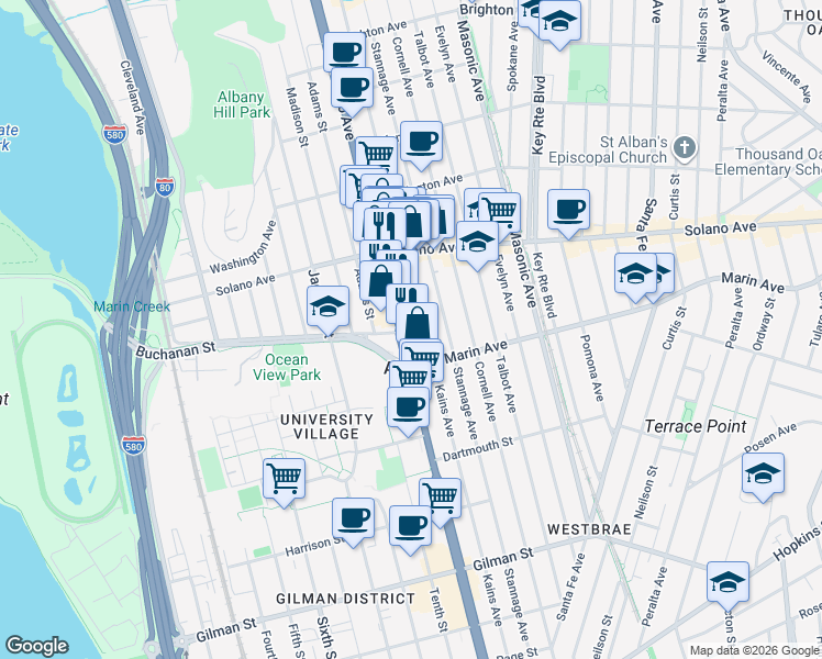 map of restaurants, bars, coffee shops, grocery stores, and more near 955 San Pablo Avenue in Albany