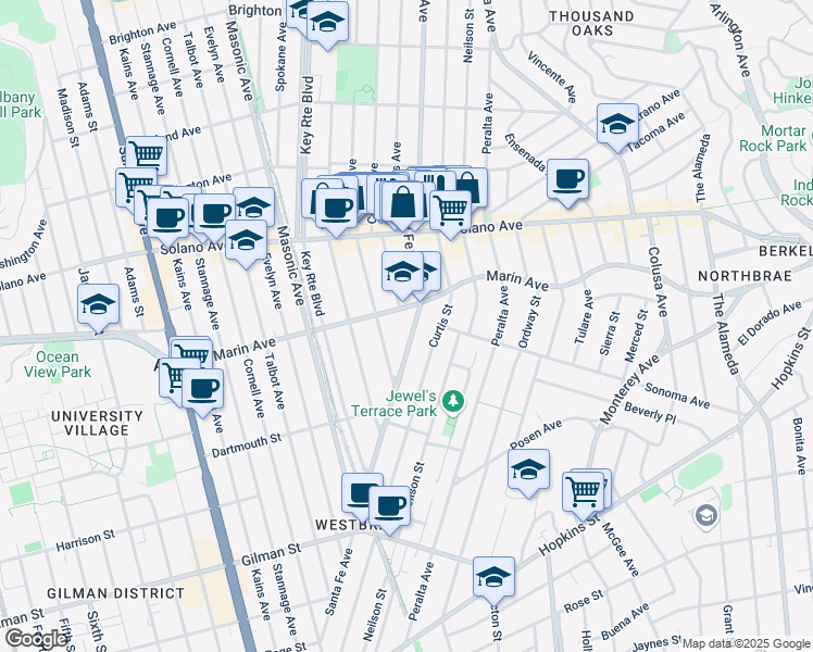 map of restaurants, bars, coffee shops, grocery stores, and more near 1433 Marin Avenue in Albany