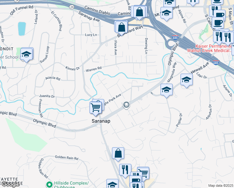 map of restaurants, bars, coffee shops, grocery stores, and more near 151 Rose Street in Walnut Creek