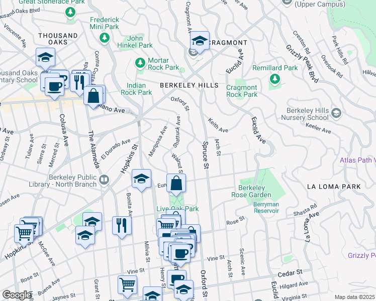 map of restaurants, bars, coffee shops, grocery stores, and more near 1130 Oxford Street in Berkeley