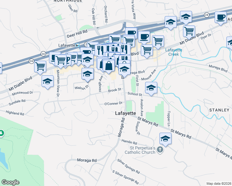 map of restaurants, bars, coffee shops, grocery stores, and more near 3535 Brook Street in Lafayette