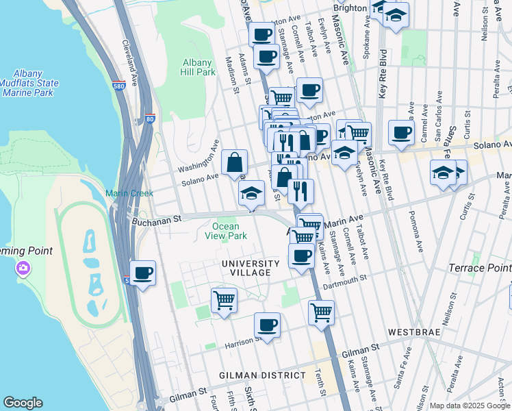 map of restaurants, bars, coffee shops, grocery stores, and more near 937 Jackson Street in Albany