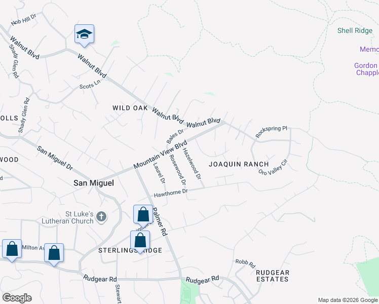 map of restaurants, bars, coffee shops, grocery stores, and more near 722 Hazelwood Drive in Walnut Creek
