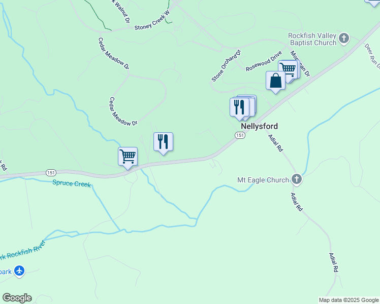 map of restaurants, bars, coffee shops, grocery stores, and more near 2515 Rockfish Valley Highway in Nellysford