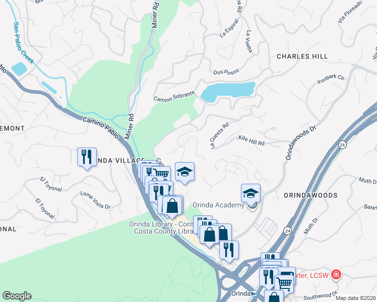 map of restaurants, bars, coffee shops, grocery stores, and more near 40 Mira Loma Road in Orinda