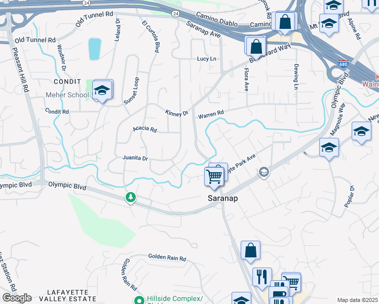 map of restaurants, bars, coffee shops, grocery stores, and more near 30 La Casita Lane in Walnut Creek