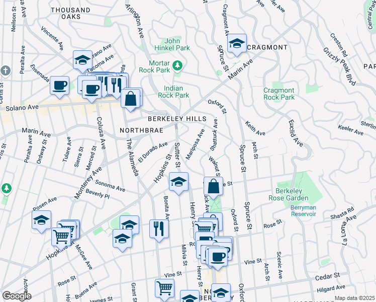 map of restaurants, bars, coffee shops, grocery stores, and more near 1060 Mariposa Avenue in Berkeley