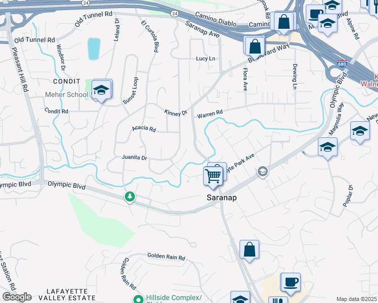 map of restaurants, bars, coffee shops, grocery stores, and more near 30 La Casita Lane in Walnut Creek
