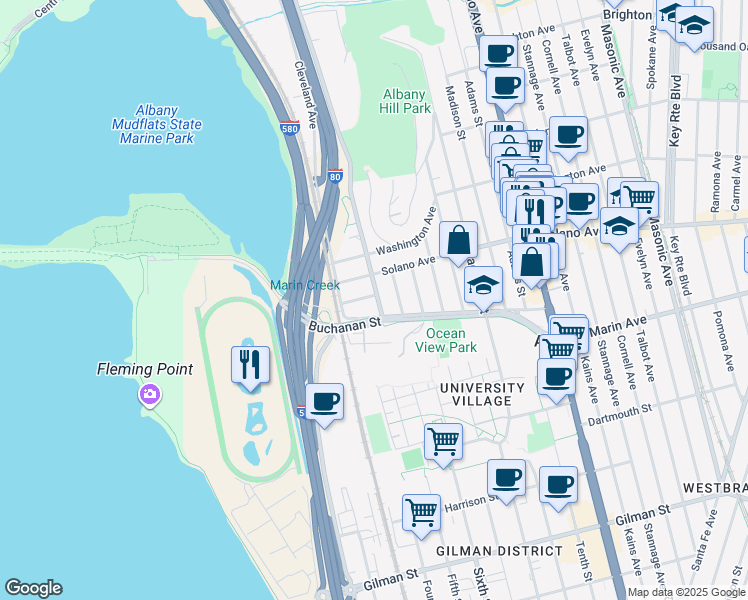 map of restaurants, bars, coffee shops, grocery stores, and more near 909 Pierce Street in Albany