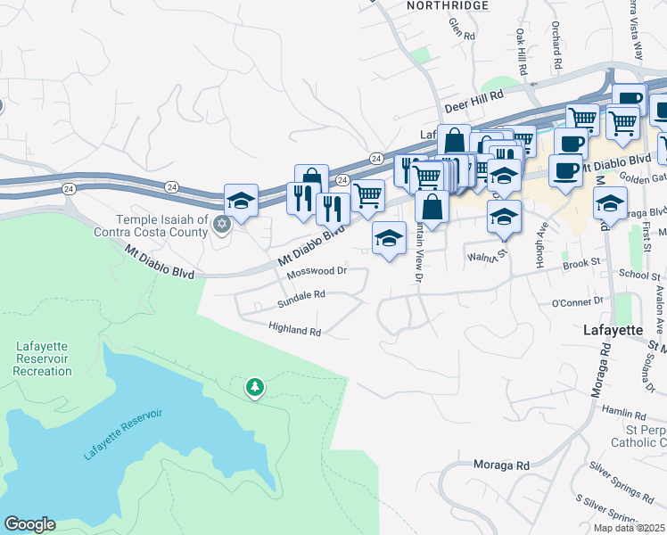 map of restaurants, bars, coffee shops, grocery stores, and more near 3686 Mosswood Drive in Lafayette