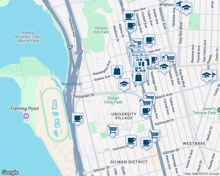 map of restaurants, bars, coffee shops, grocery stores, and more near 926 Cerrito Street in Albany