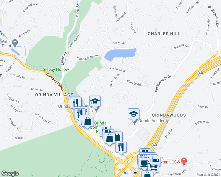 map of restaurants, bars, coffee shops, grocery stores, and more near 76 La Cuesta Road in Orinda