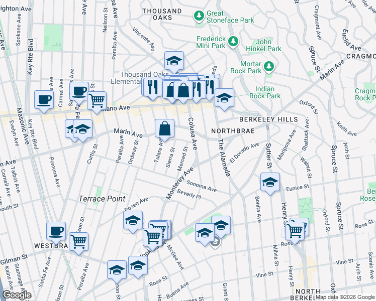 map of restaurants, bars, coffee shops, grocery stores, and more near 1015 Merced Street in Berkeley