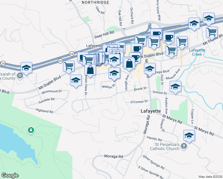 map of restaurants, bars, coffee shops, grocery stores, and more near 3600 Walnut Street in Lafayette