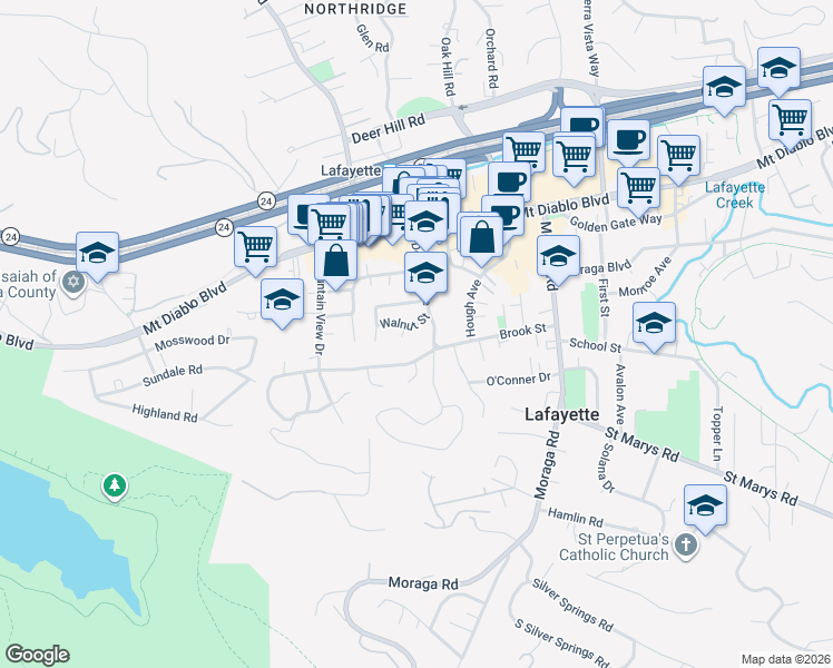 map of restaurants, bars, coffee shops, grocery stores, and more near 3597 Walnut Street in Lafayette