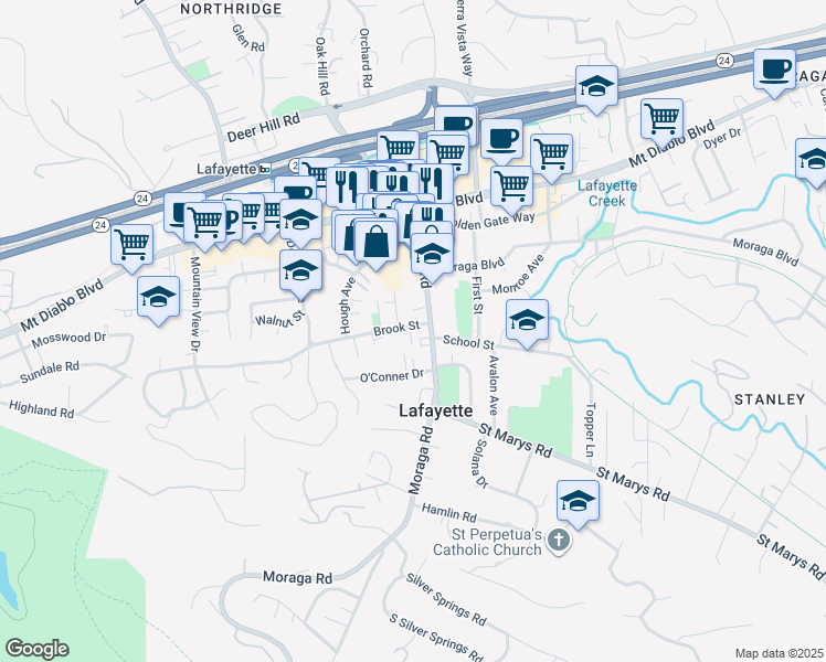 map of restaurants, bars, coffee shops, grocery stores, and more near 3542 Brook Street in Lafayette
